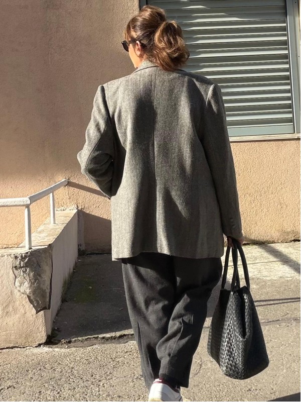 Vintage Gri Balıksırtı Kruvaze Blazer 