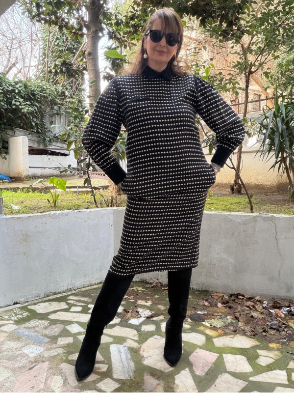 Vintage Kadife Detaylı Yün Elbise