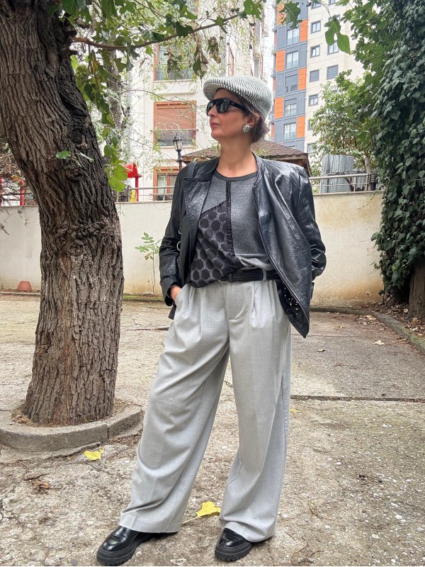 Vintage Şal Desenli Deri Ceket / Mont