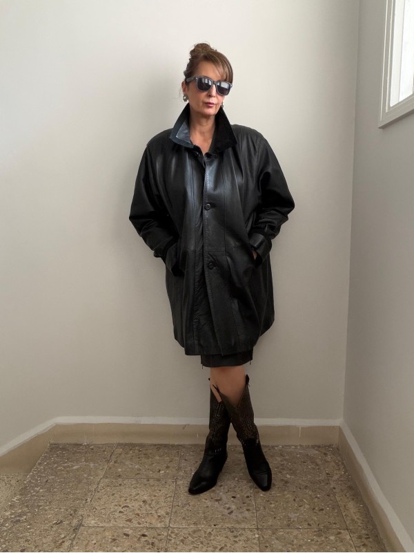 Vintage Süet Biyeli Siyah Deri Ceket 