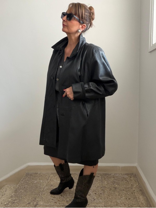 Vintage Süet Biyeli Siyah Deri Ceket 