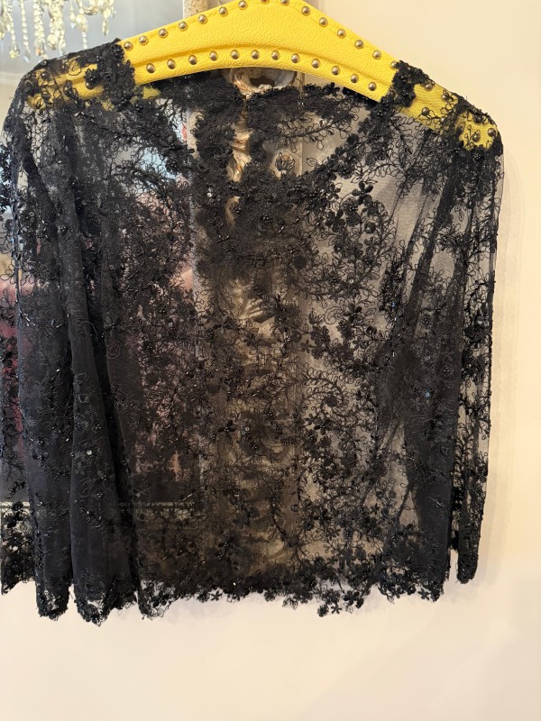 Vintage Dantel Boncuk İşlemeli Siyah Bluz 