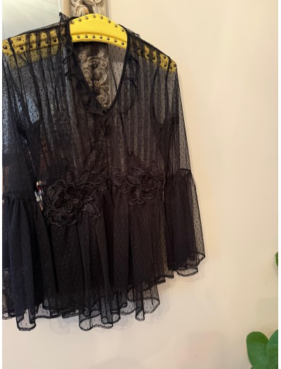 Vintage Tül Aplikeli Siyah Bluz 