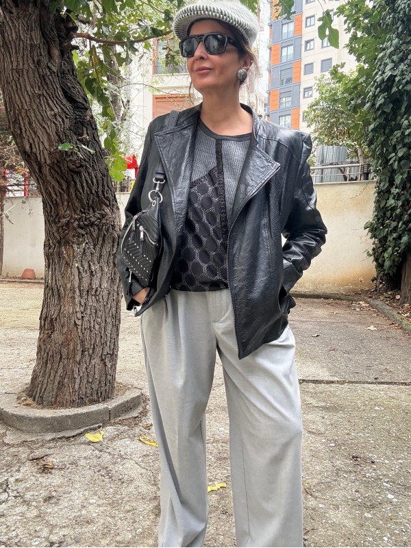 Vintage Şal Desenli Deri Ceket / Mont