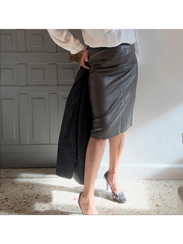 Vintage Haki Deri Kalem Etek 