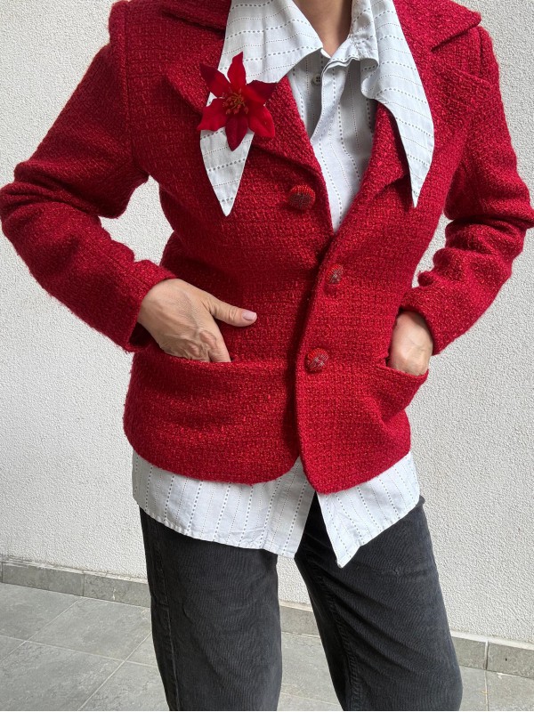 Vintage Kırmızı  Boncuk Düğmeli Tüvit Ceket 