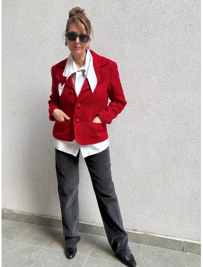 Vintage Kırmızı  Boncuk Düğmeli Tüvit Ceket 