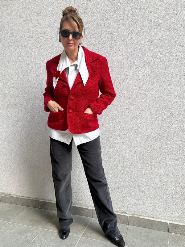 Vintage Kırmızı  Boncuk Düğmeli Tüvit Ceket 