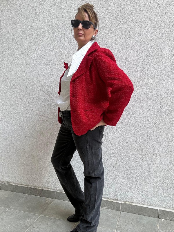 Vintage Kırmızı  Boncuk Düğmeli Tüvit Ceket 