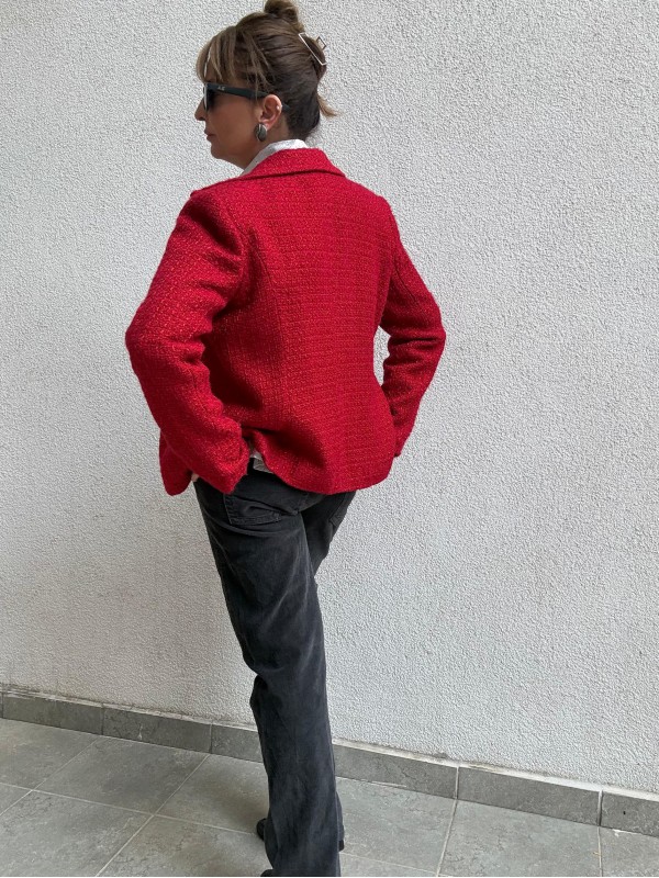 Vintage Kırmızı  Boncuk Düğmeli Tüvit Ceket 