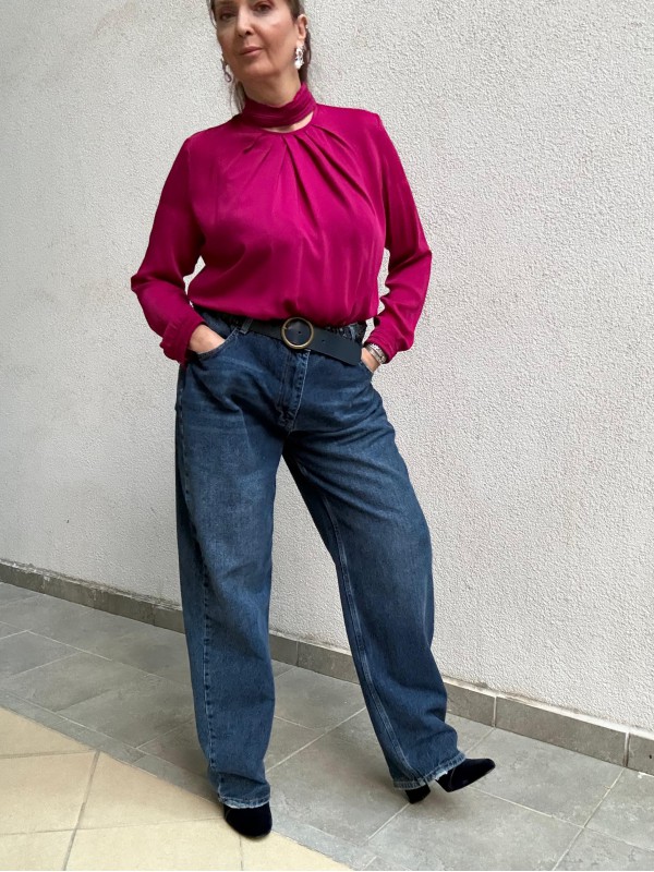 Vintage Fuşya Saten Bluz 