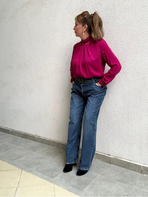 Vintage Fuşya Saten Bluz 