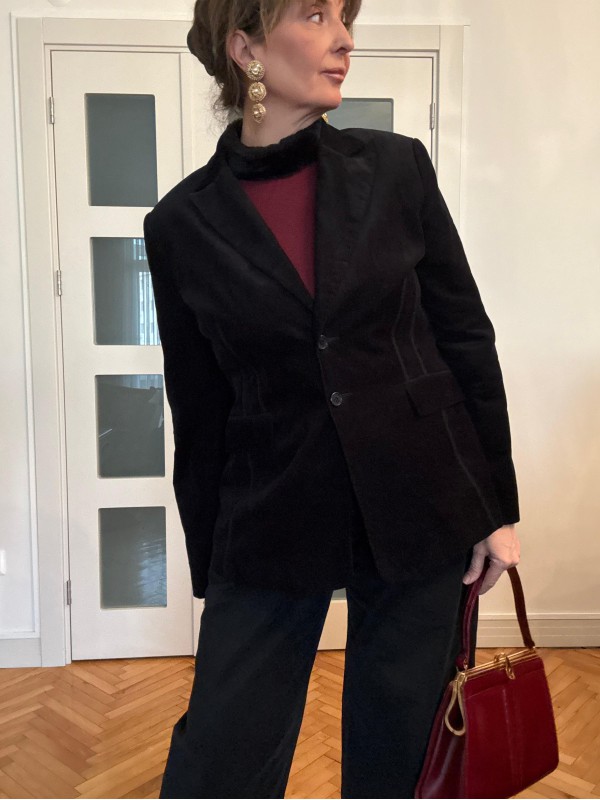 Vintage Siyah İnce Fitiili Kadife Ceket 