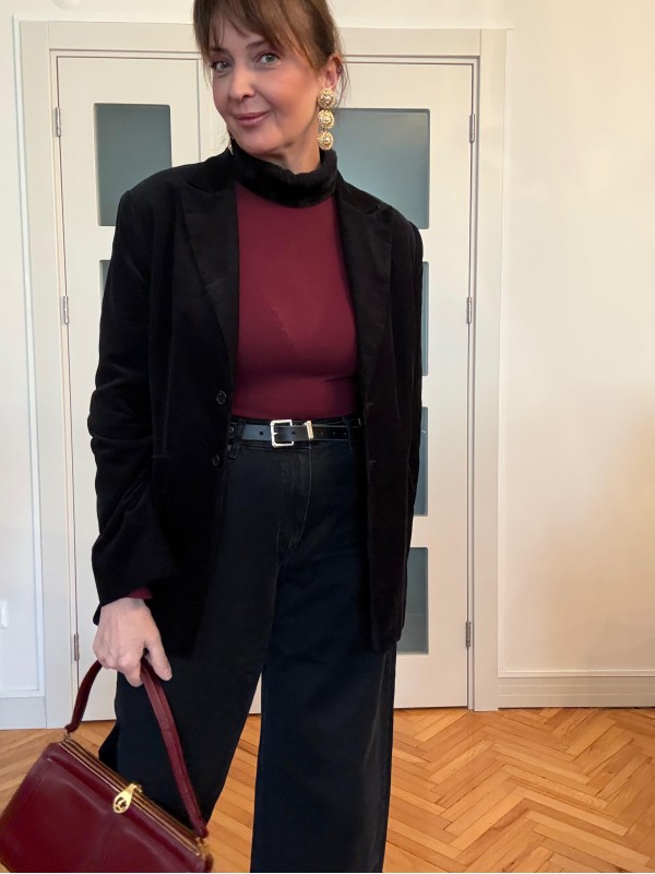 Vintage Siyah İnce Fitiili Kadife Ceket 