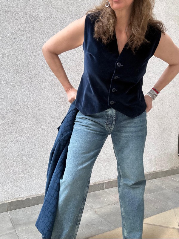 Vintage Lacivert Kadife Yelek 