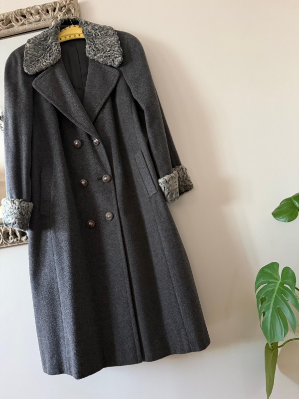 1980s Özel Dikim Yün-Kaşmir Gri Vintage Manto