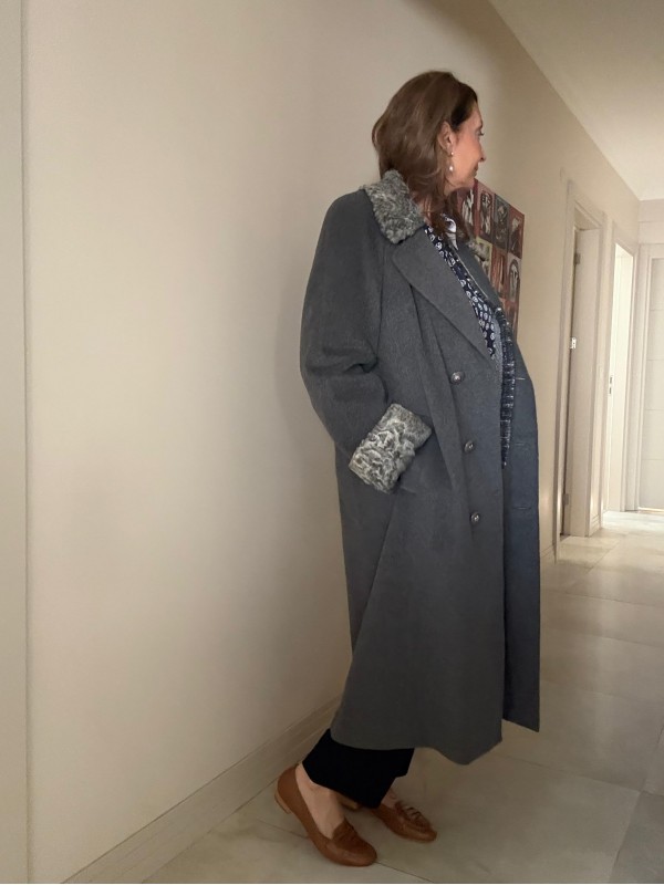 1980s Özel Dikim Yün-Kaşmir Gri Vintage Manto