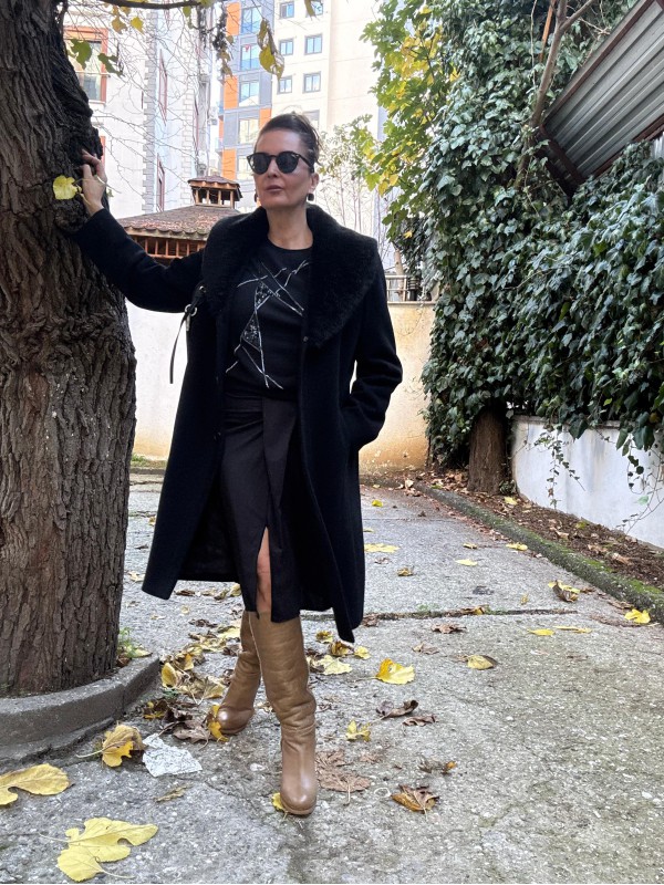 Vintage Suni Peluş Yakalı Palto