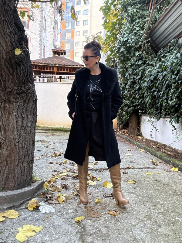 Vintage Suni Peluş Yakalı Palto