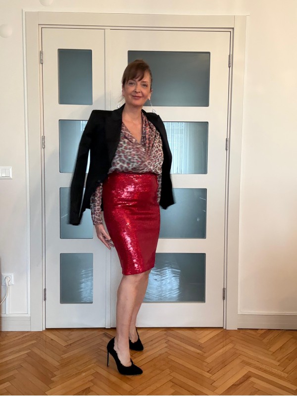 Vintage Full Payetli Kırmızı Kalem Etek 