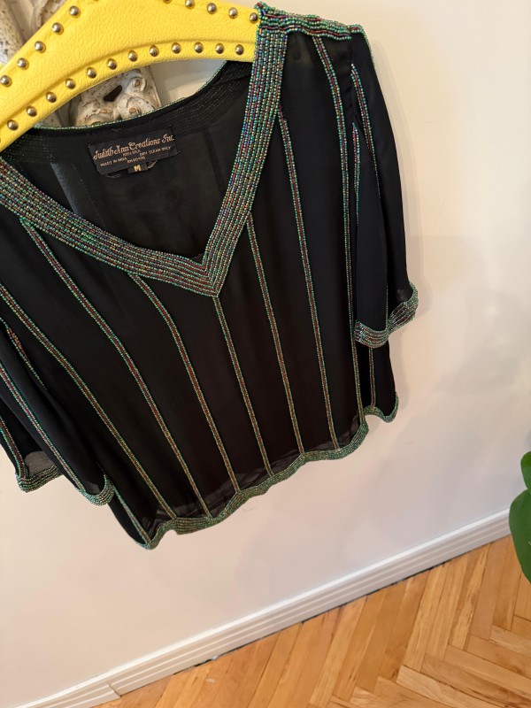 Vintage Boncuk işlemeli İpek Bluz