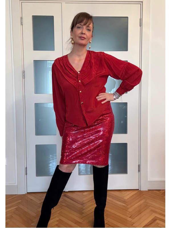 Vintage Full Payetli Kırmızı Kalem Etek 