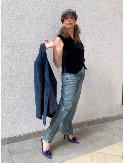 Vintage Lacivert Kadife Yelek 