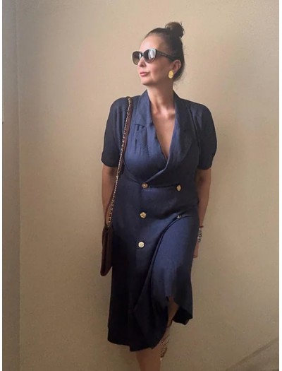 Vintage Gold Düğmeli Keten Elbise