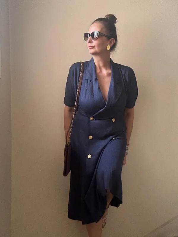 Vintage Gold Düğmeli Keten Elbise