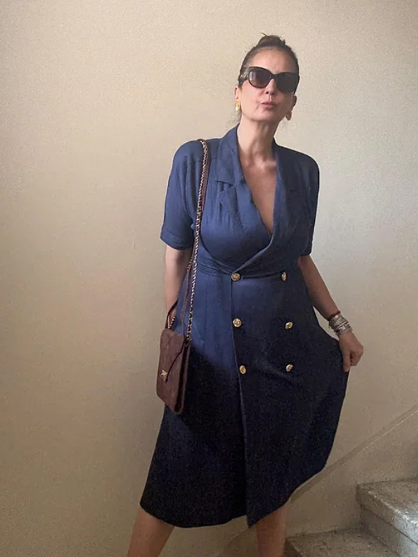 Vintage Gold Düğmeli Keten Elbise