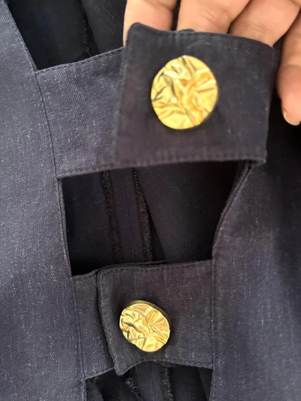 Vintage Gold Düğmeli Keten Elbise