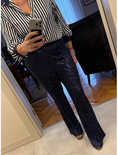 Lacivert Payetli Bol Paça Pantolon