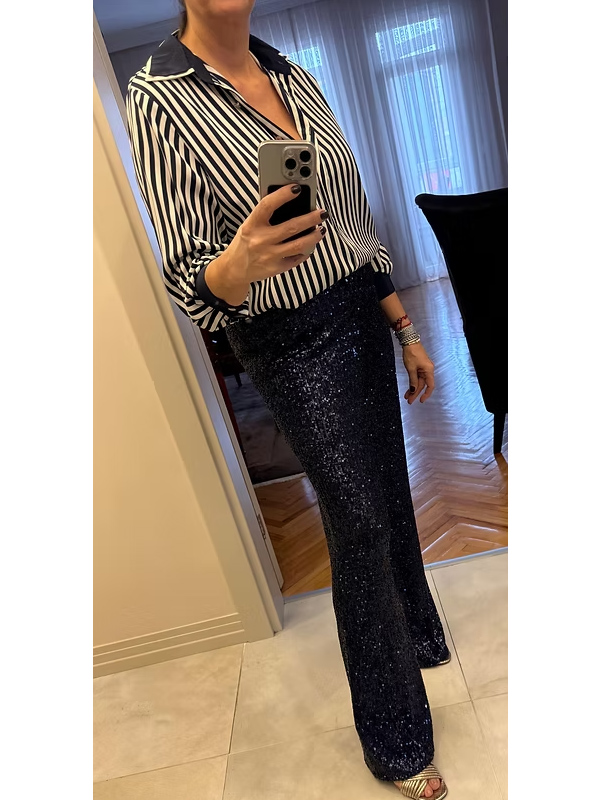 Lacivert Payetli Bol Paça Pantolon