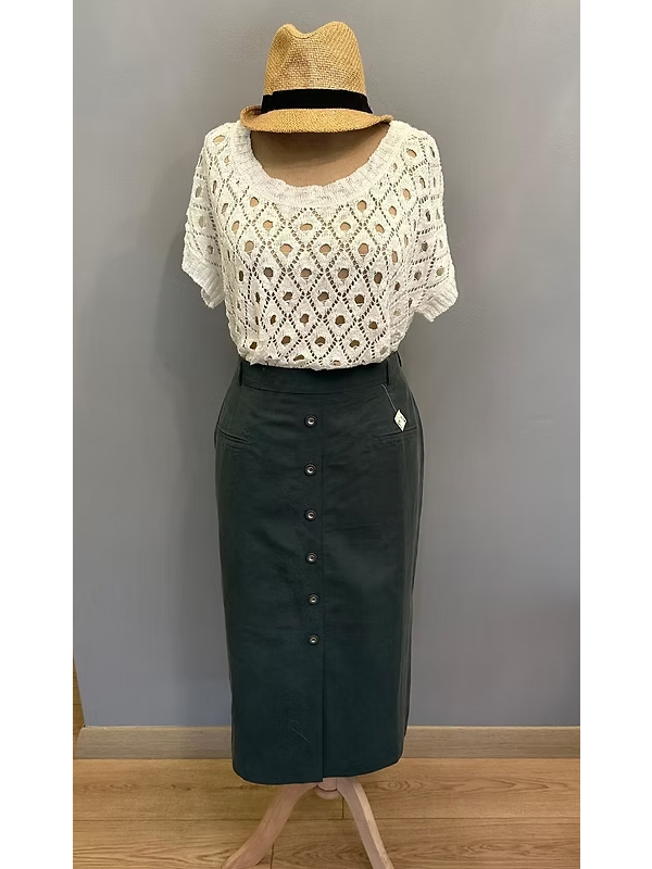 Vintage keten karışımlı midi etek