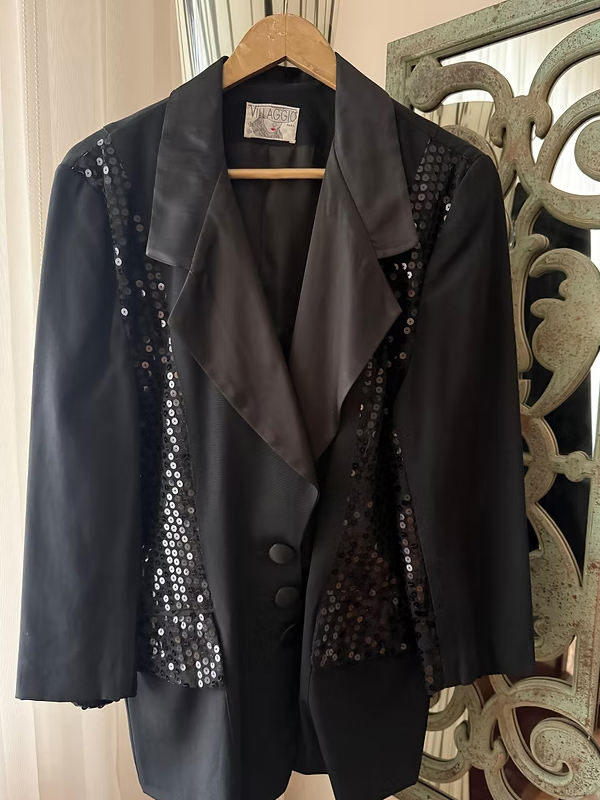 Vintage Pul Payetli Siyah Blazer Made in France