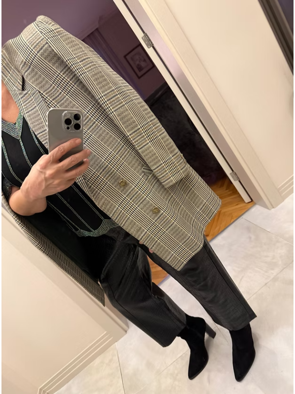 Vintage Kruvaze Gold Düğmeli Ekose Blazer