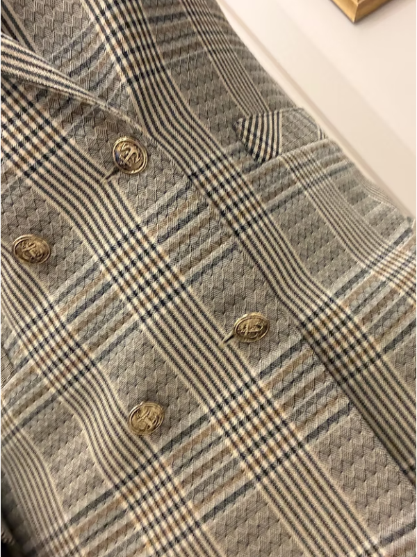 Vintage Kruvaze Gold Düğmeli Ekose Blazer