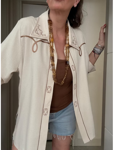 Vintage Keten Karışımlı nakışlı gömlek/ceket