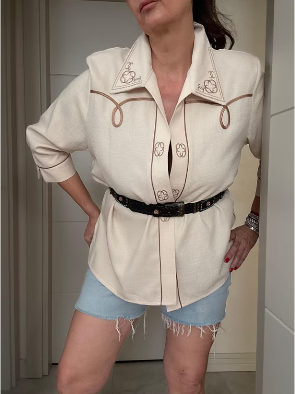 Vintage Keten Karışımlı nakışlı gömlek/ceket