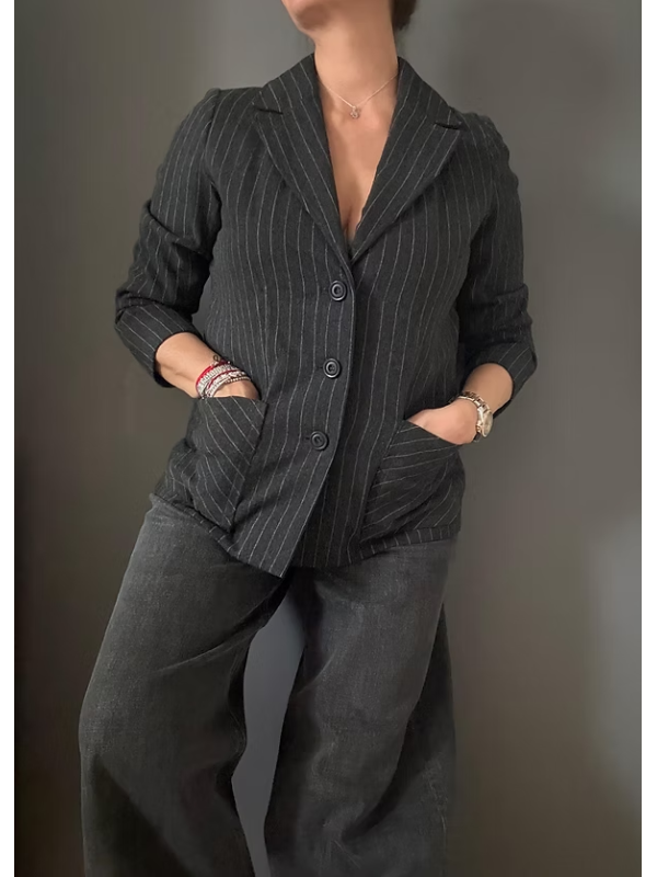 Vintage Yün Antrasit Çizgili Ceket