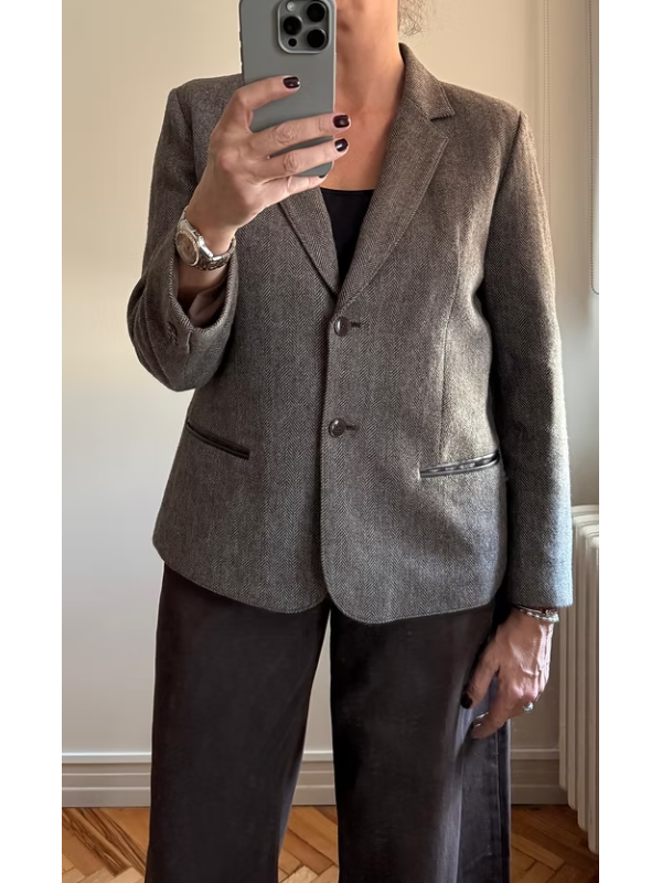 Vintage Deri Detaylı Balıksırtı Ceket