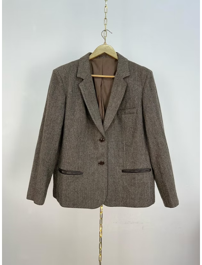 Vintage Deri Detaylı Balıksırtı Ceket