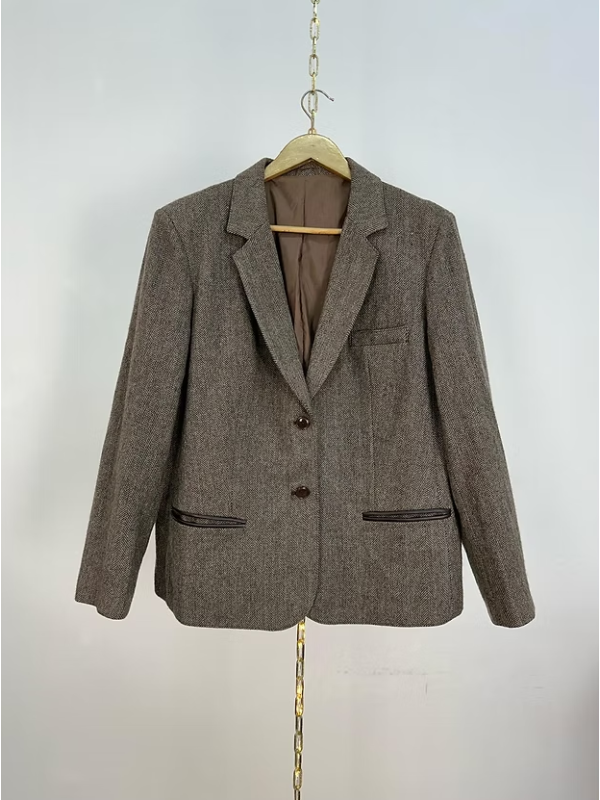 Vintage Deri Detaylı Balıksırtı Ceket