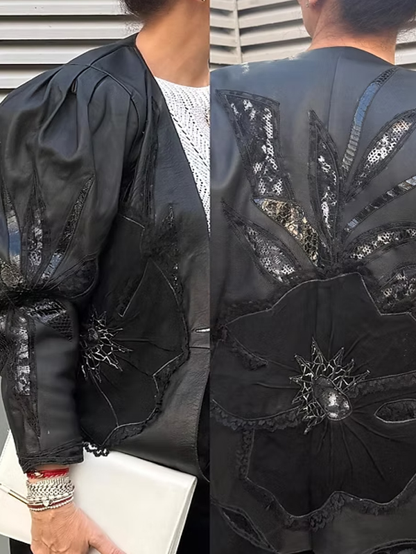 Vintage Sırtı Dantel ve İşlemeli Deri Ceket