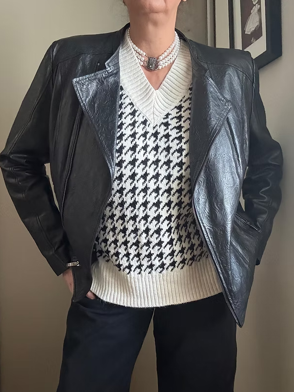 Vintage Şal Desenli Deri Ceket / Mont