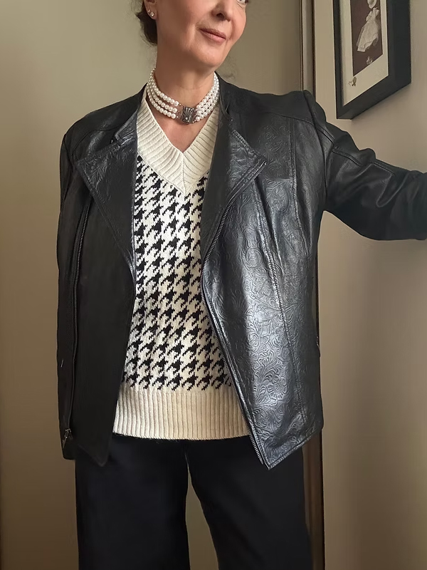 Vintage Şal Desenli Deri Ceket / Mont