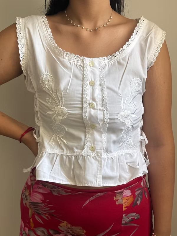 Y2K Nakışlı Fırfırlı Korse Gömlek