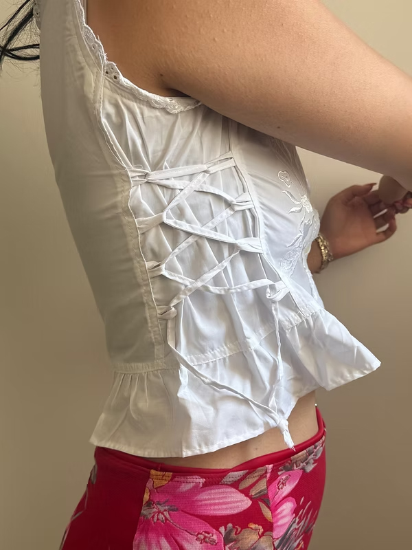 Y2K Nakışlı Fırfırlı Korse Gömlek