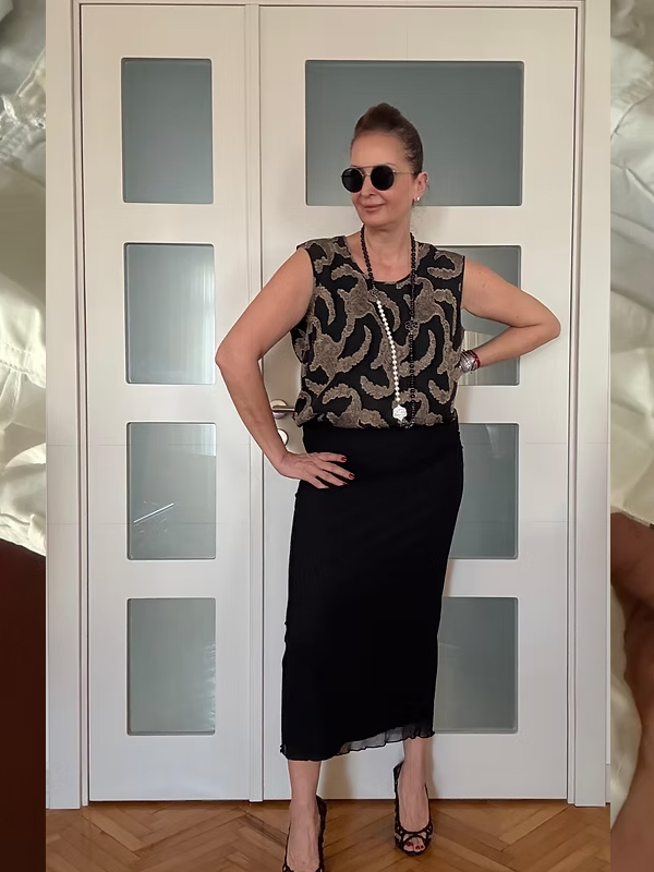 Vintage Gold Baskılı Şifon Bluz