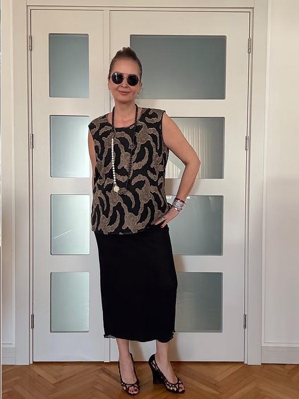 Vintage Gold Baskılı Şifon Bluz